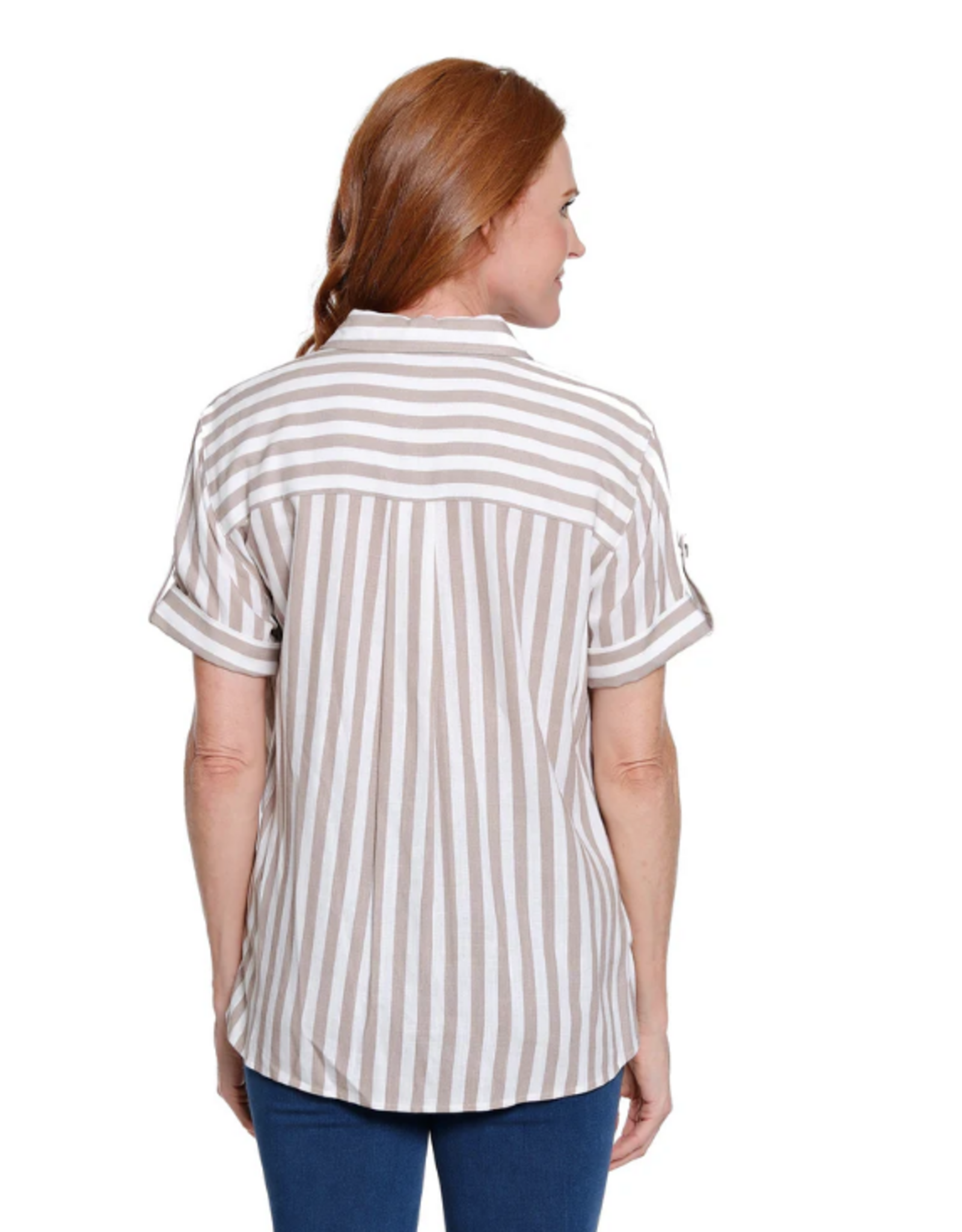 Multiples Multiples Stone/White Stripe Print Collar Button-Up Tie-Front S/S Top
