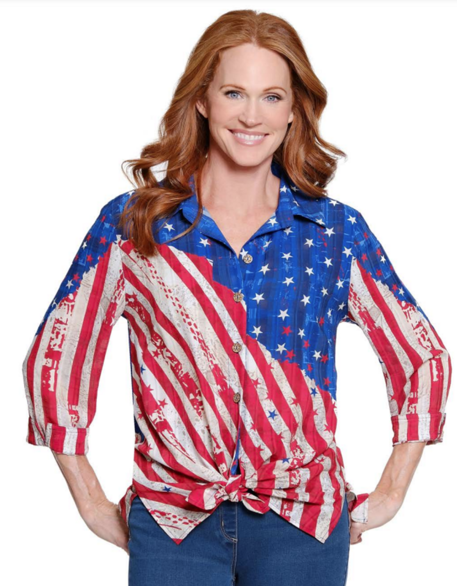 Multiples Multiples M26305BM  Rd/Wt/Bl Stars/Stripes Button-Up 3/4 Sleeve Top