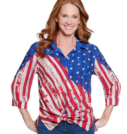 Multiples Multiples Rd/Wt/Bl Stars/Stripes Button-Up 3/4 Sleeve Top