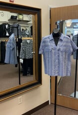 Multiples Tru Luxe Indigo Floral  V-Neck Button Up Short Sleeve Top