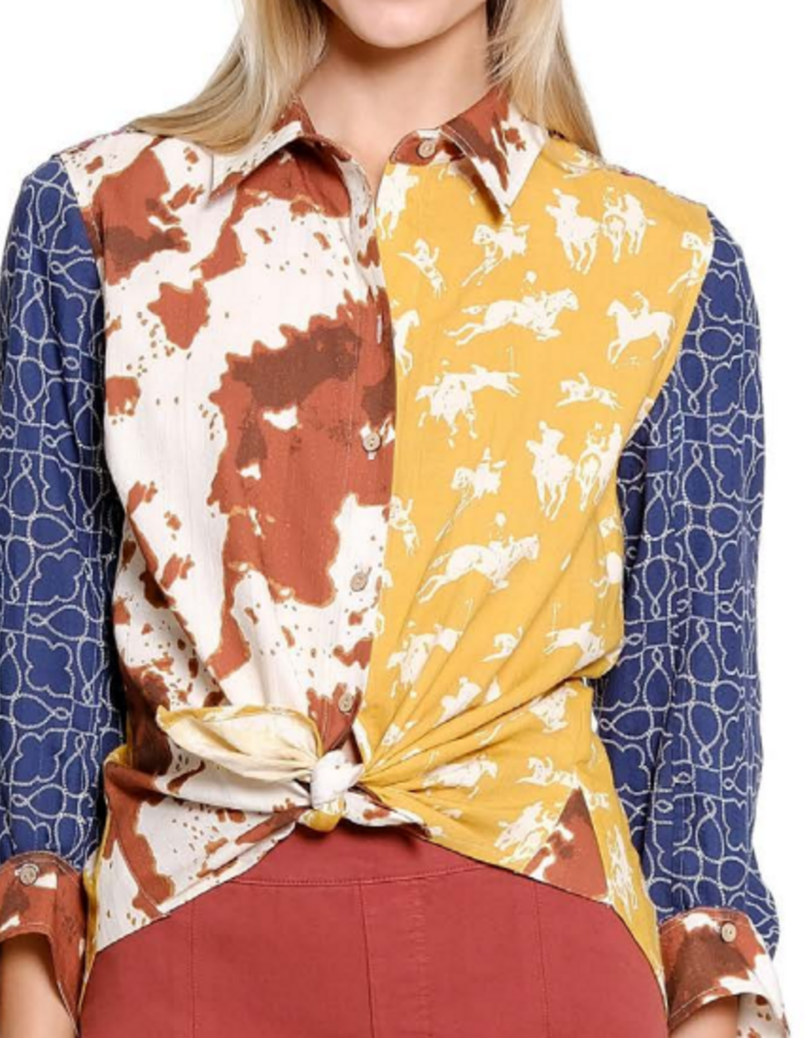 Tru Luxe Tru Luxe Multi Color Mixed Print Button Up Top