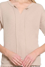 Tru Luxe Tru Luxe Natural Split Neck Short Sleeve Top