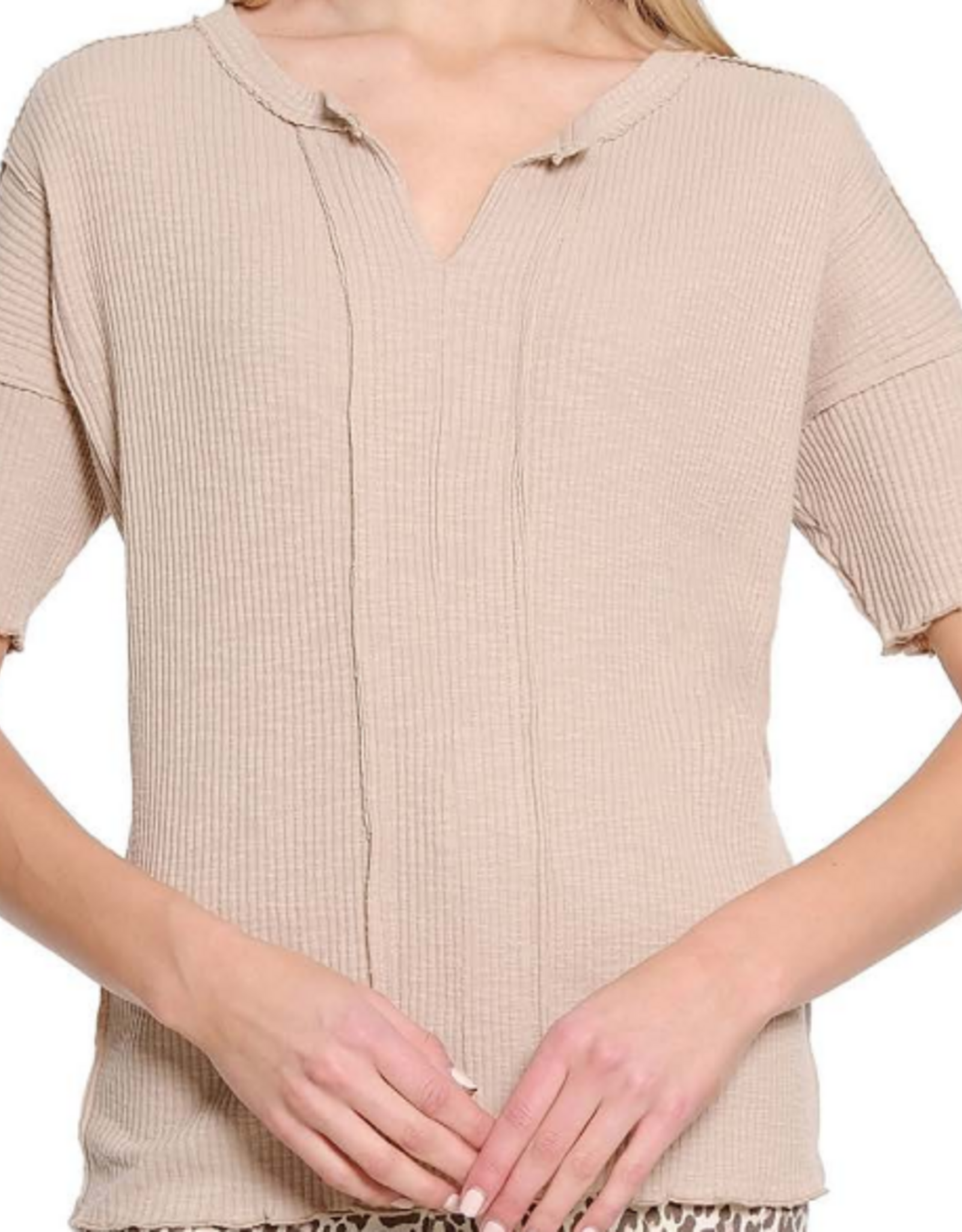 Tru Luxe Tru Luxe Natural Split Neck Short Sleeve Top