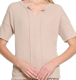 Tru Luxe Tru Luxe  Natural Split Neck Short Sleeve Top