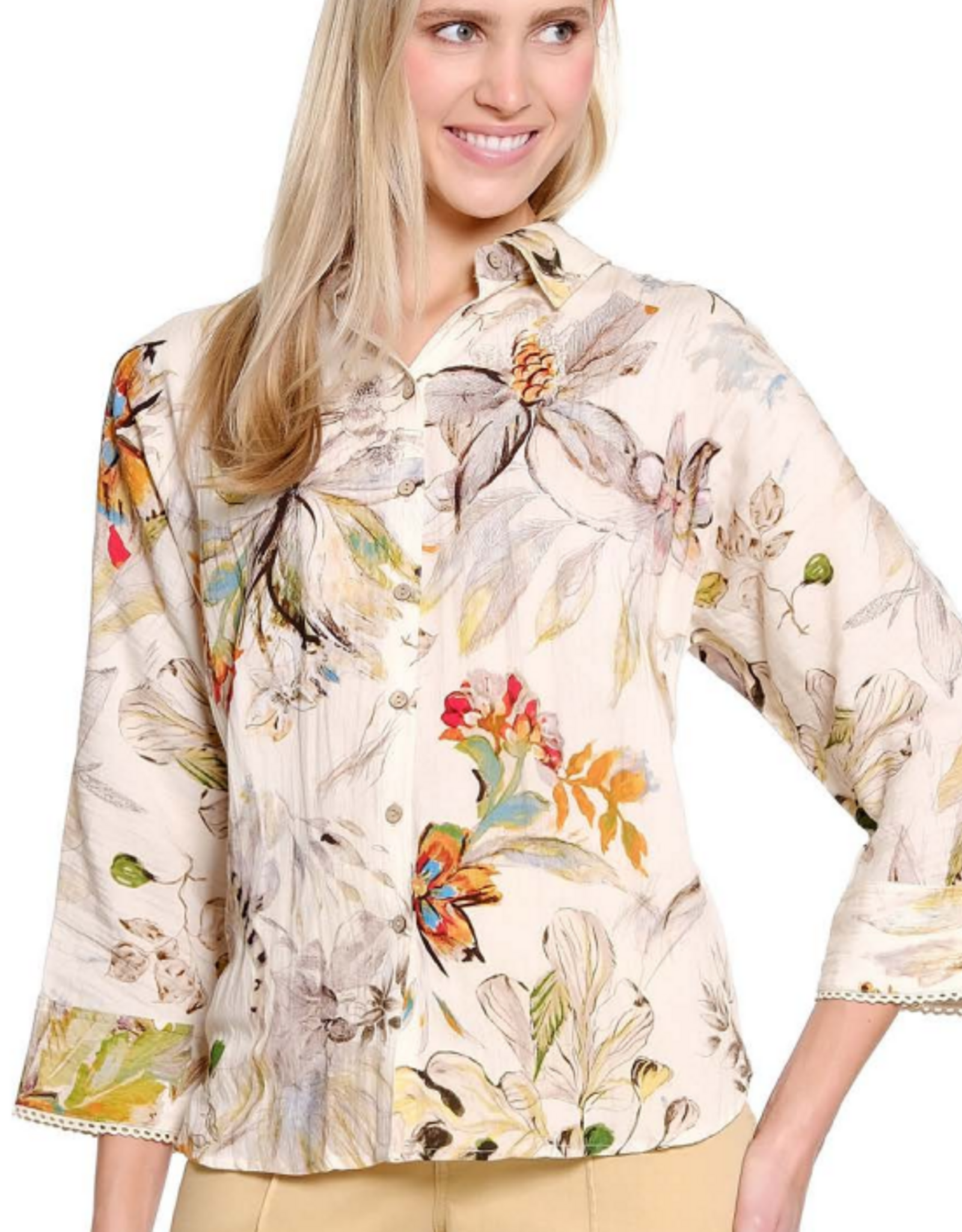 Tru Luxe Tru Luxe Multi Color Print Button Up Lace Edge Trim Top