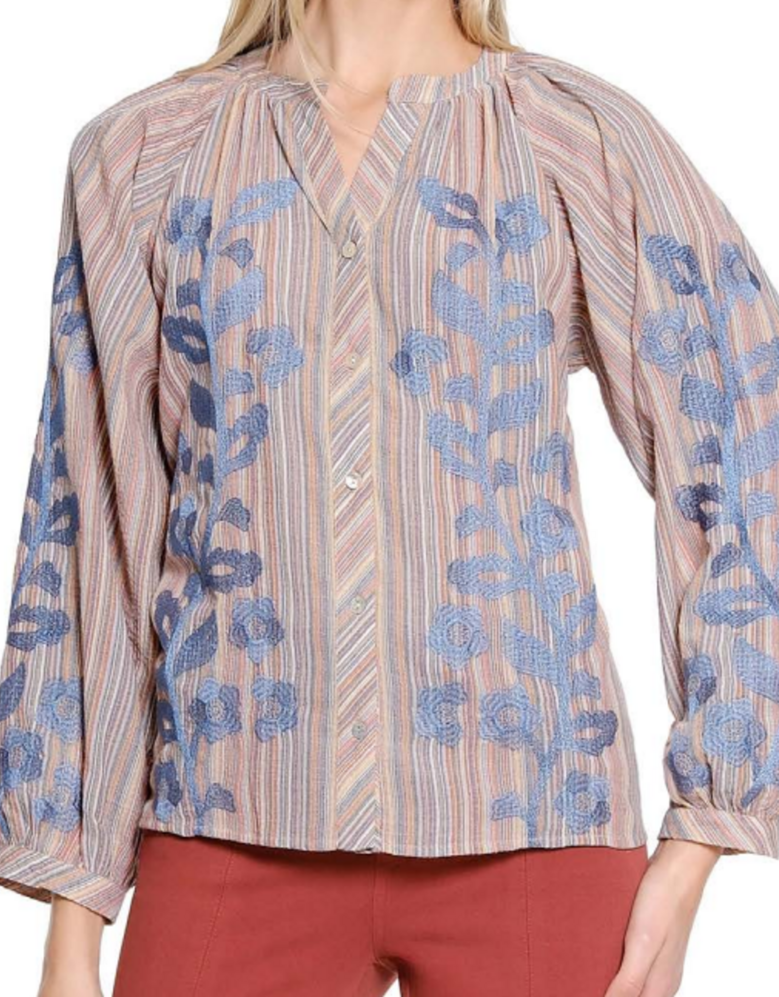 Tru Luxe Tru Luxe Multi Color Split Neck Button Up Embroidered Top