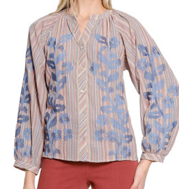Tru Luxe Tru Luxe  Multi Color Split Neck Button Up Embroidered Top