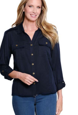 Multiples Multiples  Midnight L/S Roll Tab Button Up Top