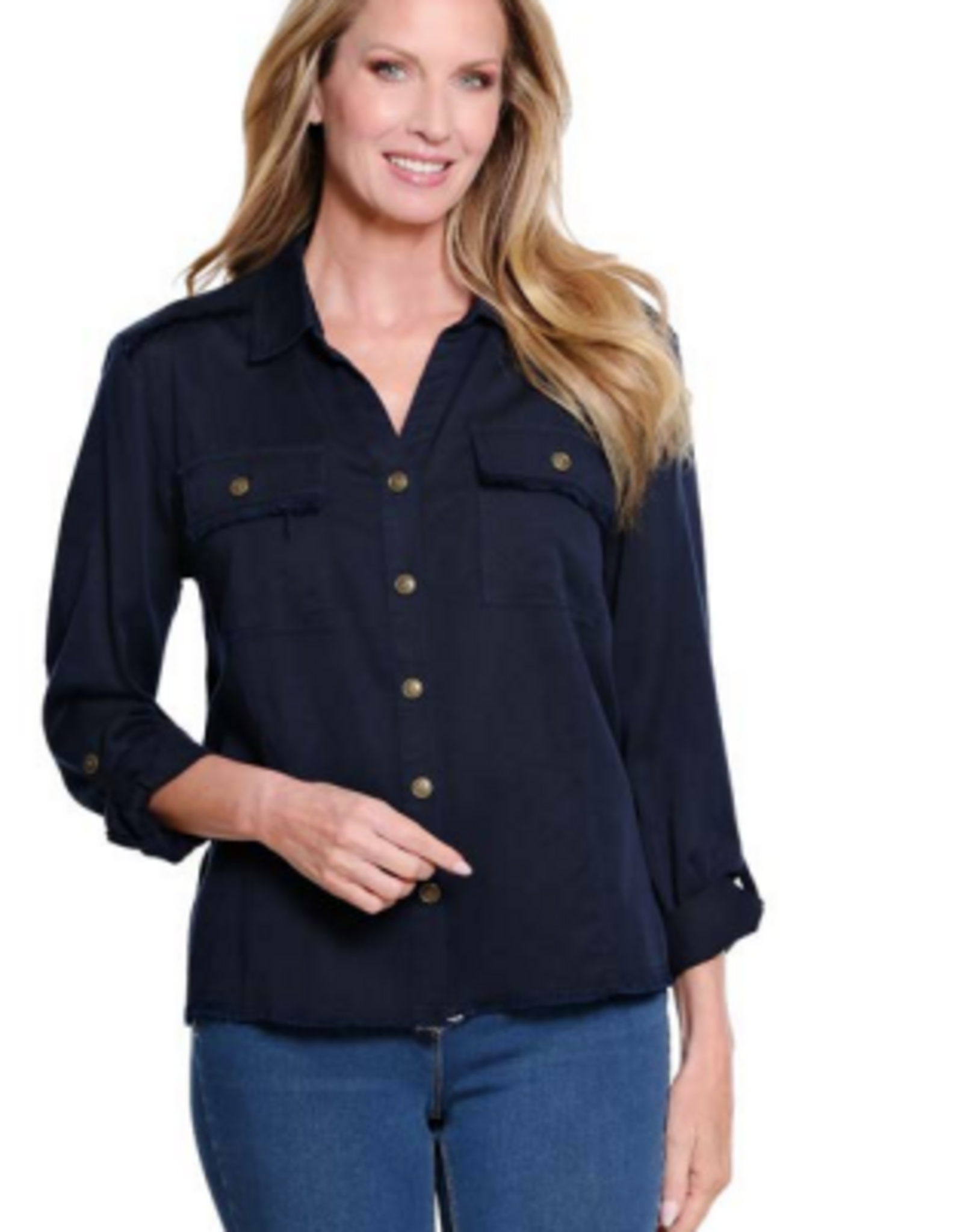 Multiples Multiples  Midnight L/S Roll Tab Button Up Top