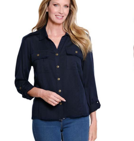 Multiples Multiples Midnight L/S Roll Tab Button Up Top