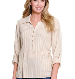 Sharon Young Inc Multiples Almond Stripe Roll Tab Sleeve Top
