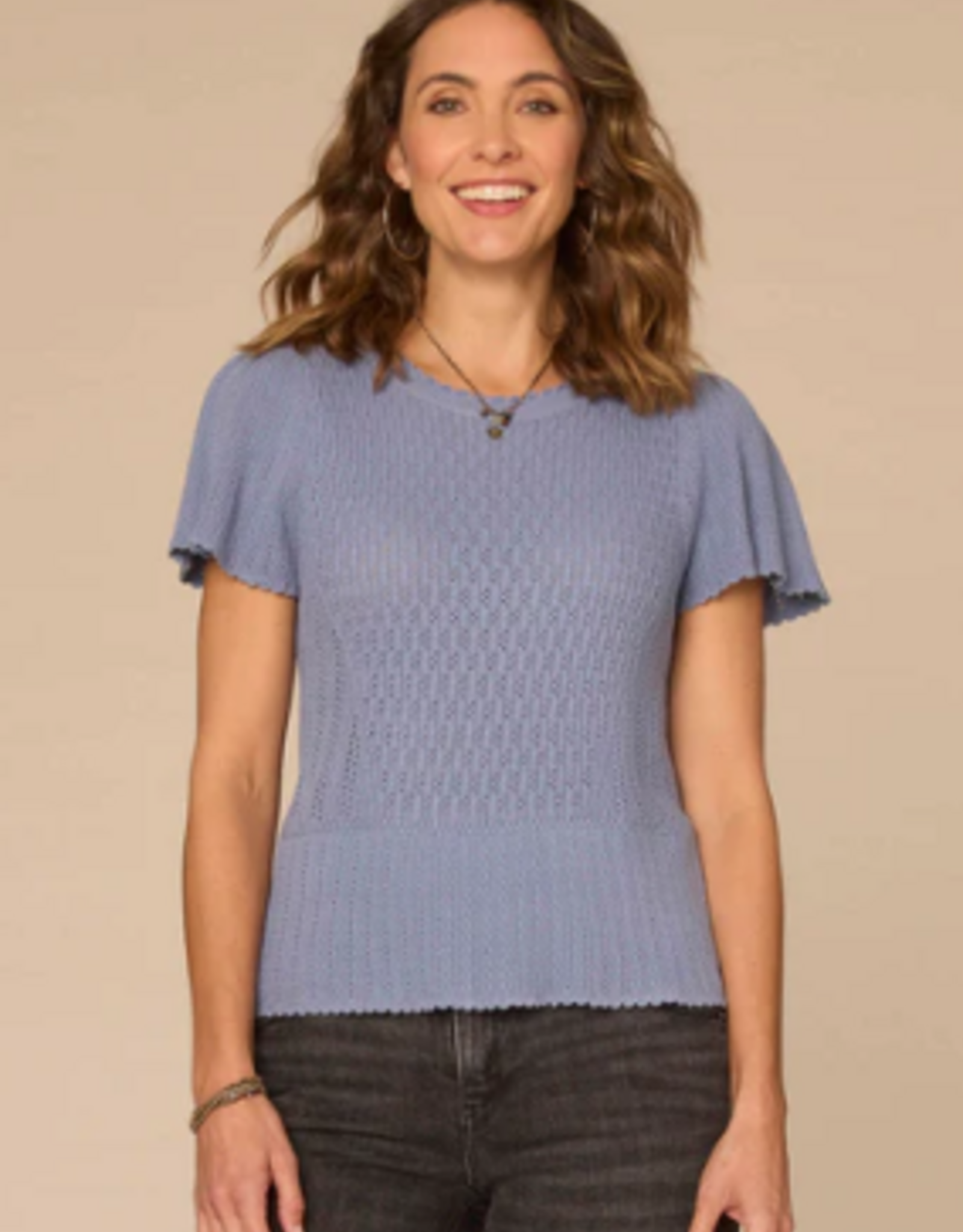 Democracy Democracy Short Flounce Sleeve Round Neck Peplum Hem Crochet Petite
