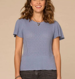 Democracy Democracy Short Flounce Sleeve Round Neck Peplum Hem Crochet Petite