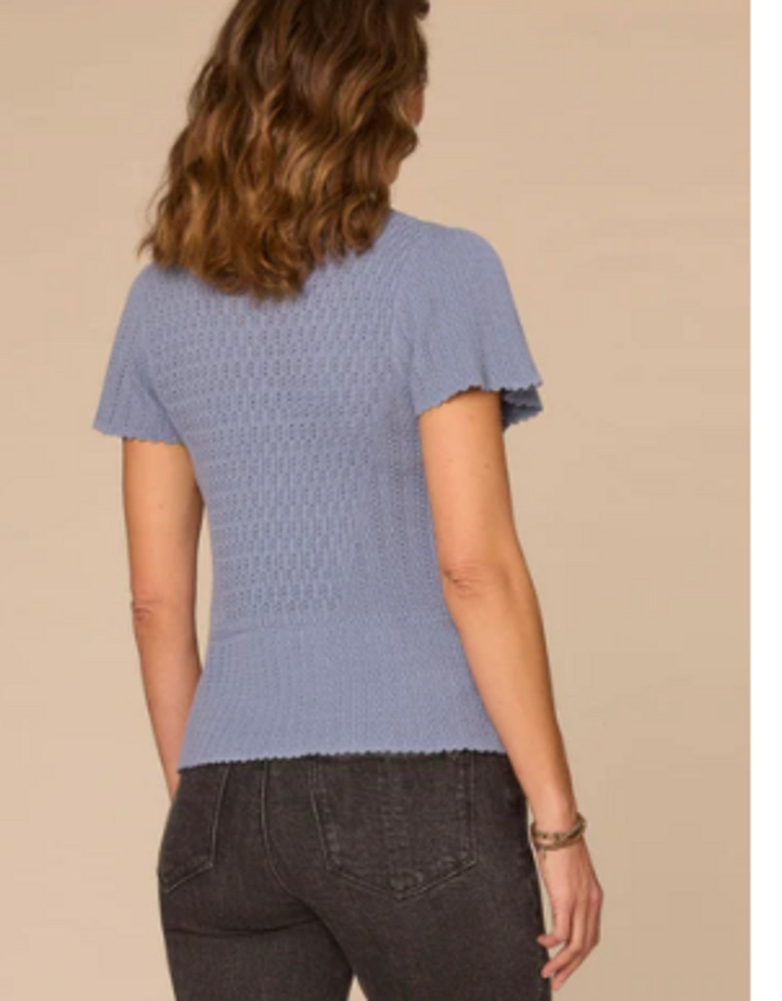 Democracy Democracy Short Flounce Sleeve Round Neck Peplum Hem Crochet Petite