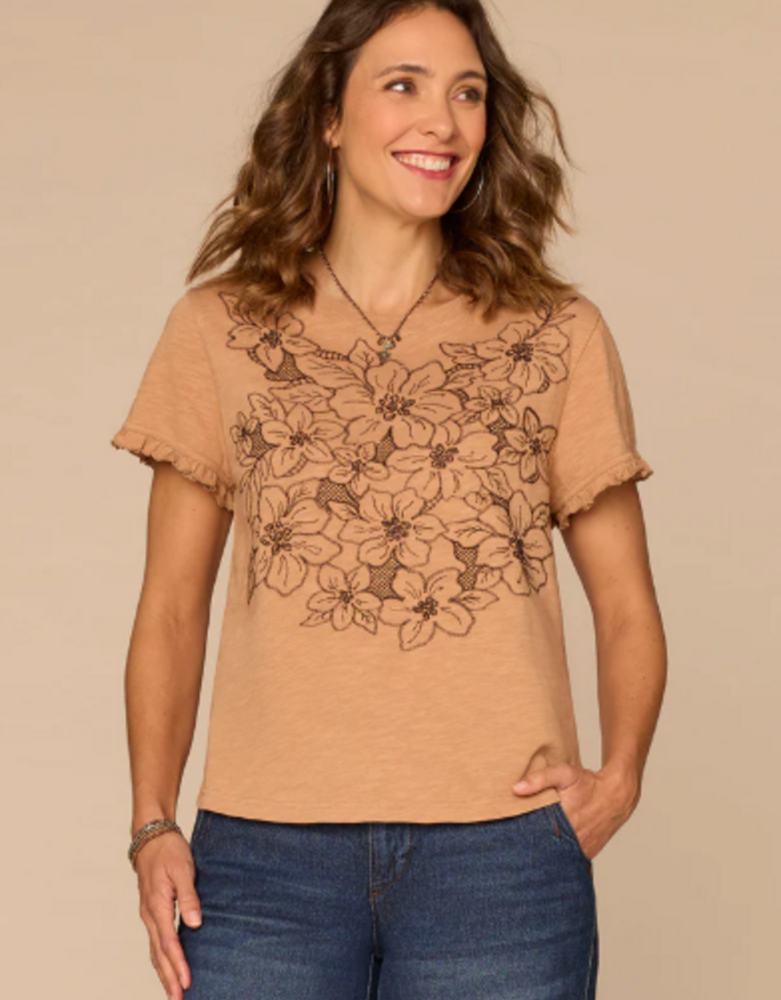 Democracy Democracy Short Ruffle Edge Sleeve Crew Neck Floral Embroidered Petite