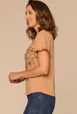 Democracy Democracy Short Ruffle Edge Sleeve Crew Neck Floral Embroidered Petite