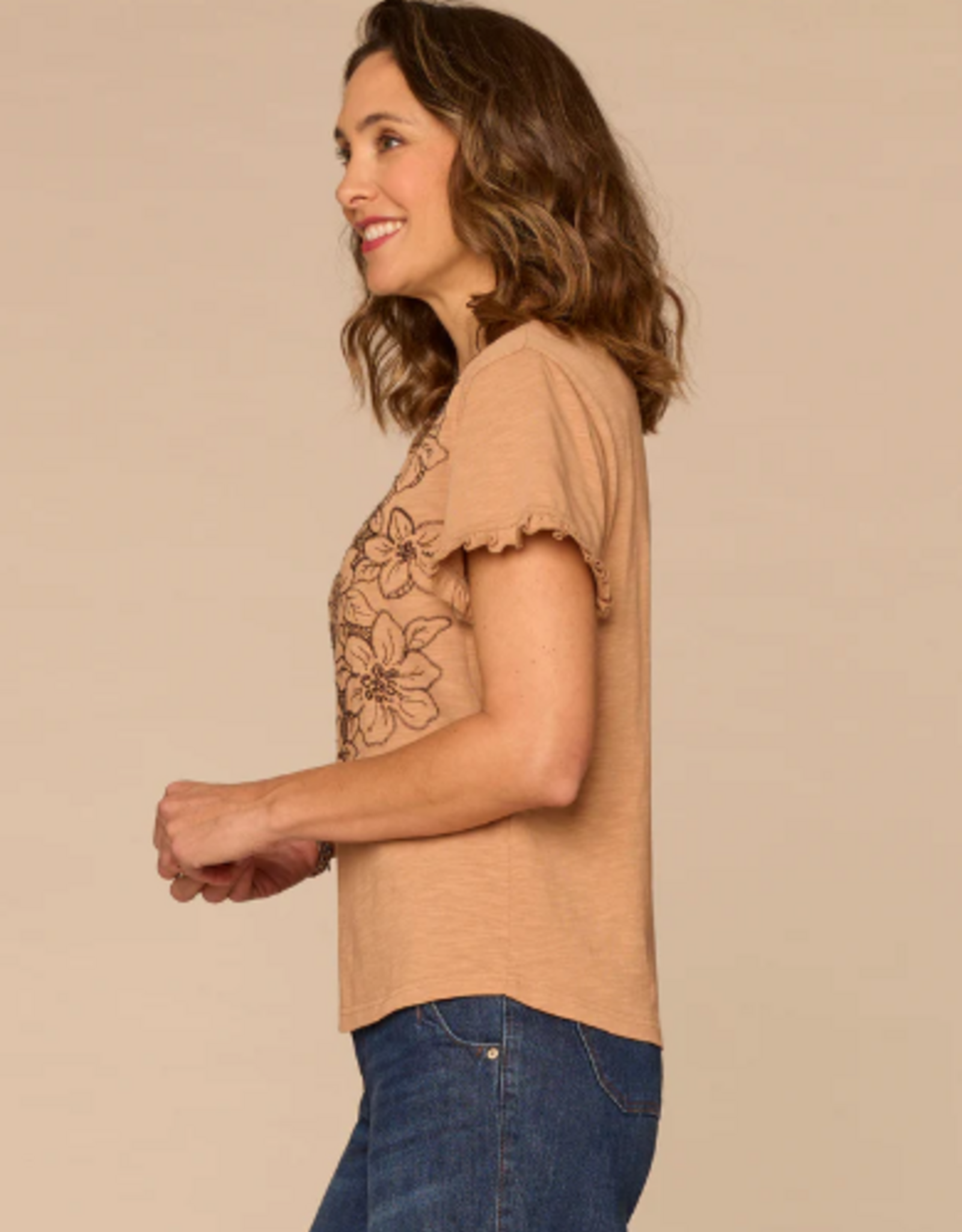 Democracy Democracy Short Ruffle Edge Sleeve Crew Neck Floral Embroidered Petite