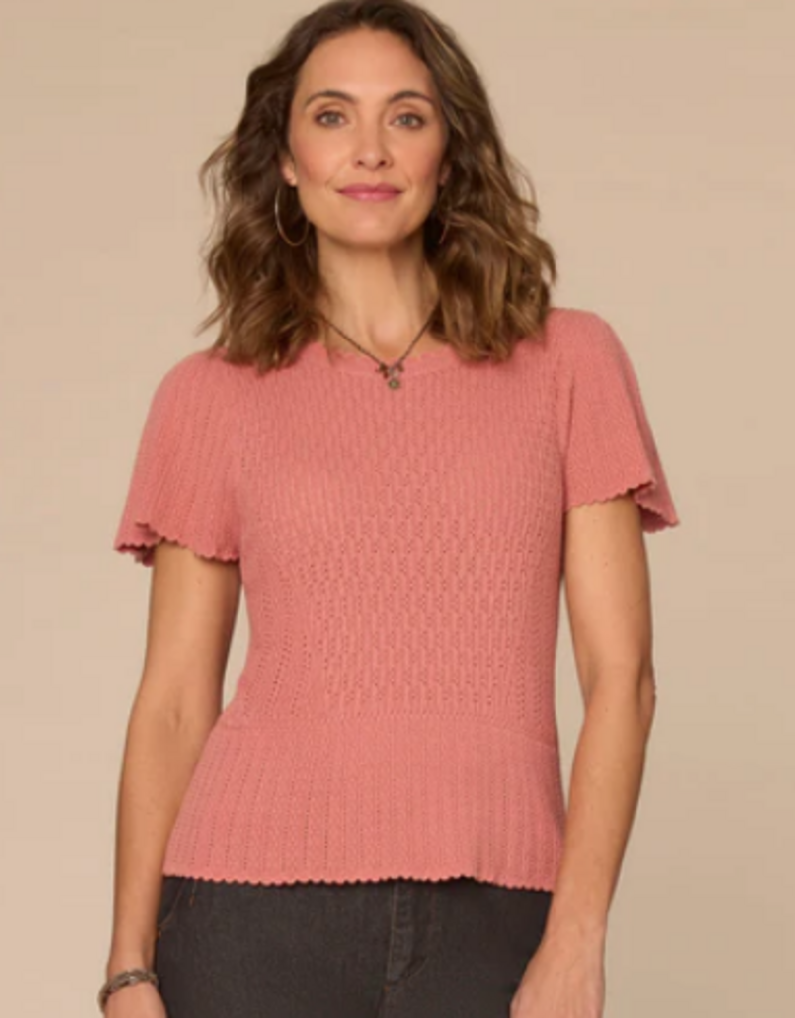 Democracy Democracy Short Flounce Sleeve Round Neck Peplum Hem Scallop Crochet