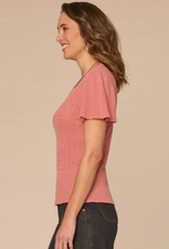 Democracy Democracy Short Flounce Sleeve Round Neck Peplum Hem Scallop Crochet