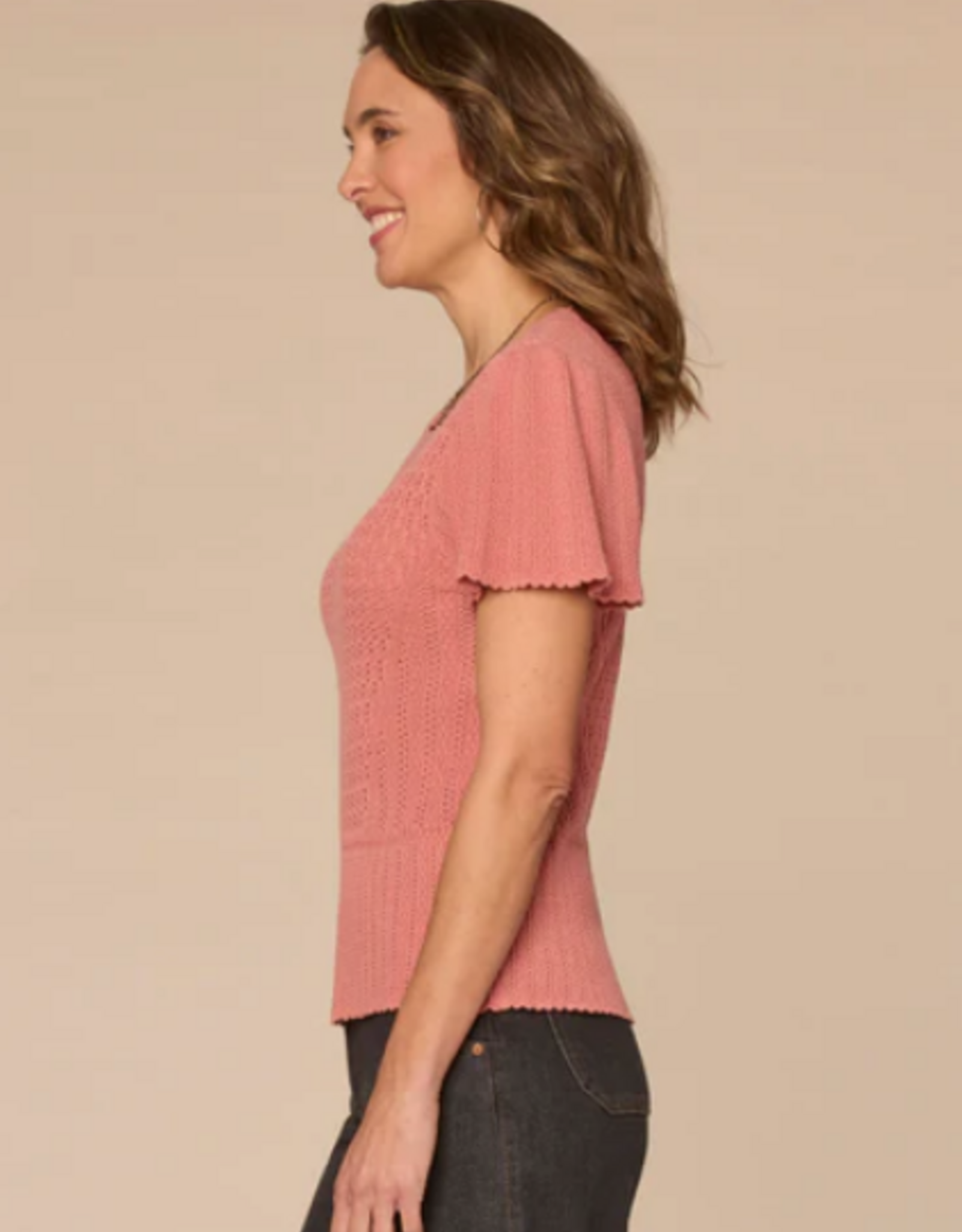 Democracy Democracy Short Flounce Sleeve Round Neck Peplum Hem Scallop Crochet