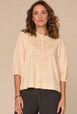 Democracy Democracy Macadamia Below Elbow  Sleeve Round Neck Embroidered