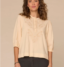 Democracy Democracy Macadamia Below Elbow  Sleeve Round Neck Embroidered