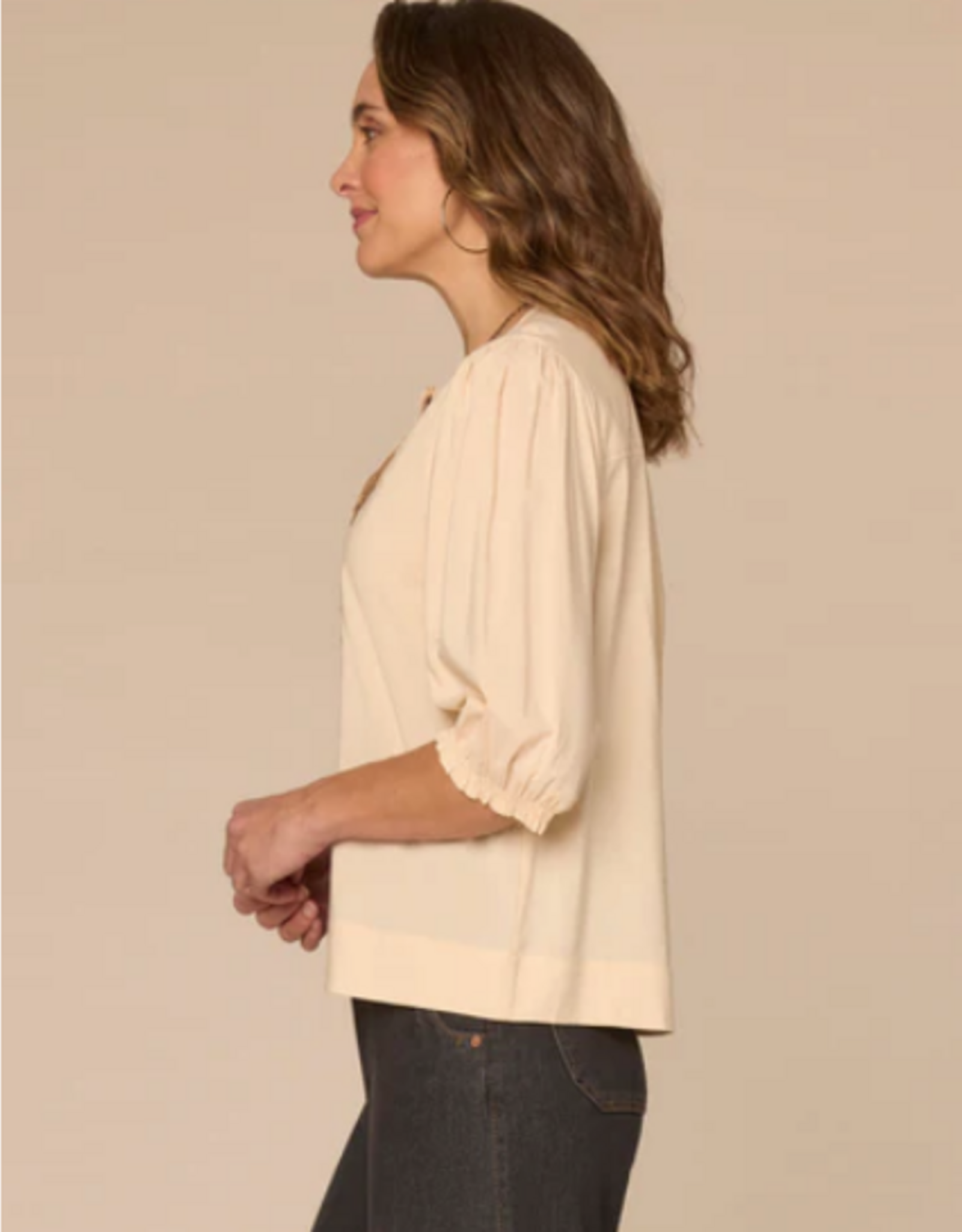Democracy Democracy Macadamia Below Elbow  Sleeve Round Neck Embroidered
