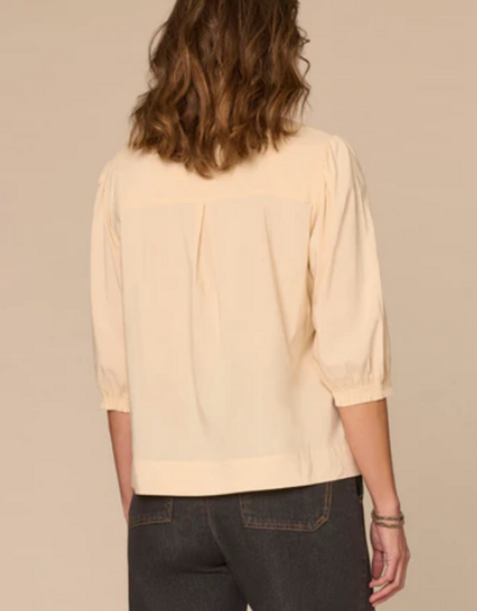 Democracy Democracy Macadamia Below Elbow  Sleeve Round Neck Embroidered
