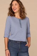 Democracy Democracy Blue Elbow Roll Cuff Sleeve Scoop Neck Half Crochet Placket