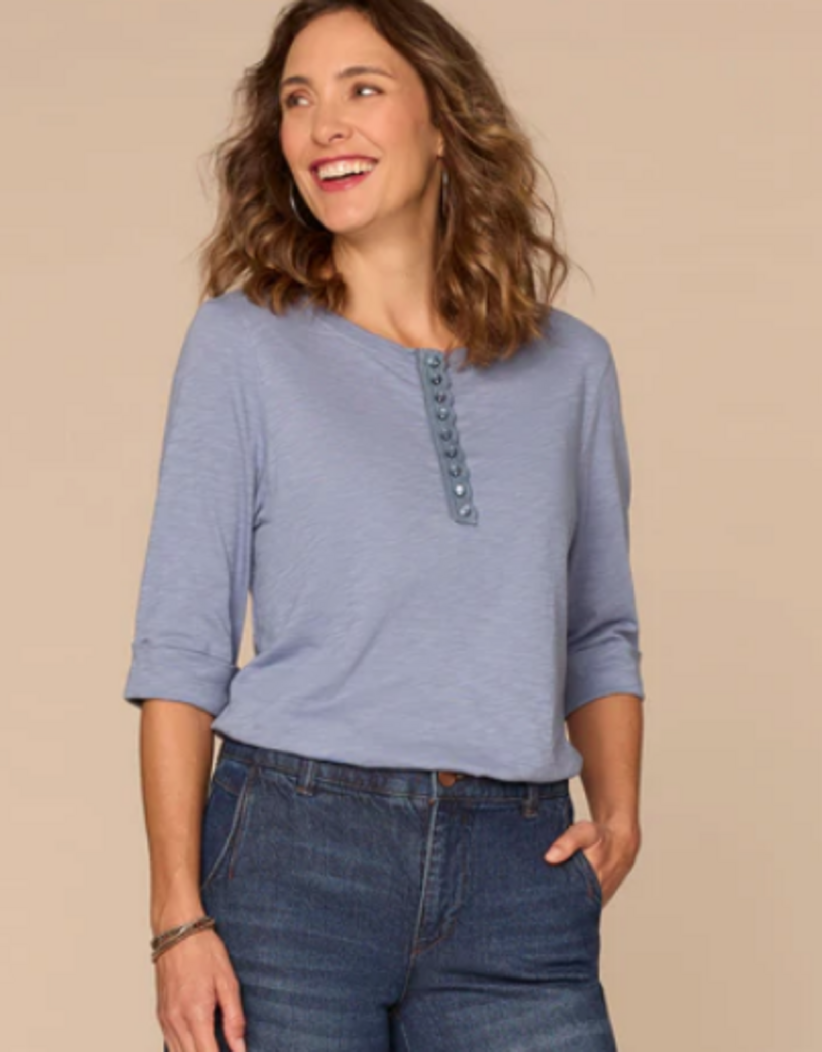 Democracy Democracy Blue Elbow Roll Cuff Sleeve Scoop Neck Half Crochet Placket