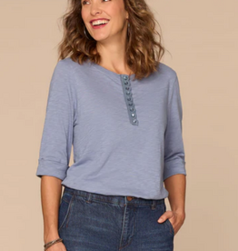 Democracy Democracy Blue Elbow Roll Cuff Sleeve Scoop Neck Half Crochet Placket