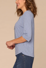 Democracy Democracy Blue Elbow Roll Cuff Sleeve Scoop Neck Half Crochet Placket