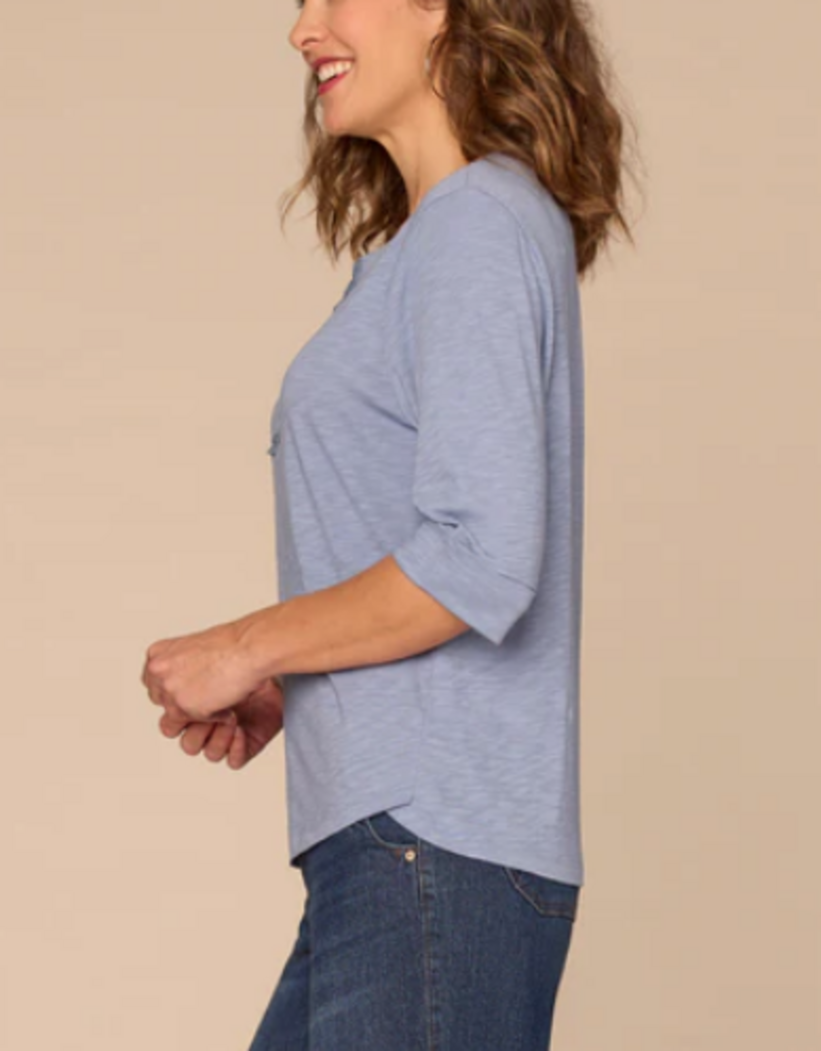 Democracy Democracy Blue Elbow Roll Cuff Sleeve Scoop Neck Half Crochet Placket