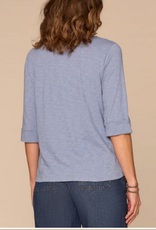 Democracy Democracy Blue Elbow Roll Cuff Sleeve Scoop Neck Half Crochet Placket