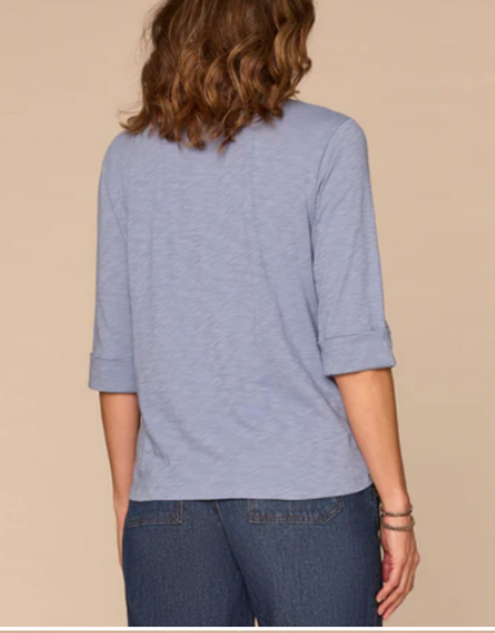 Democracy Democracy Blue Elbow Roll Cuff Sleeve Scoop Neck Half Crochet Placket