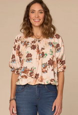 Democracy Democracy Elbow Blouson Sleeve Scoop Neck Bubble Hem Floral Print