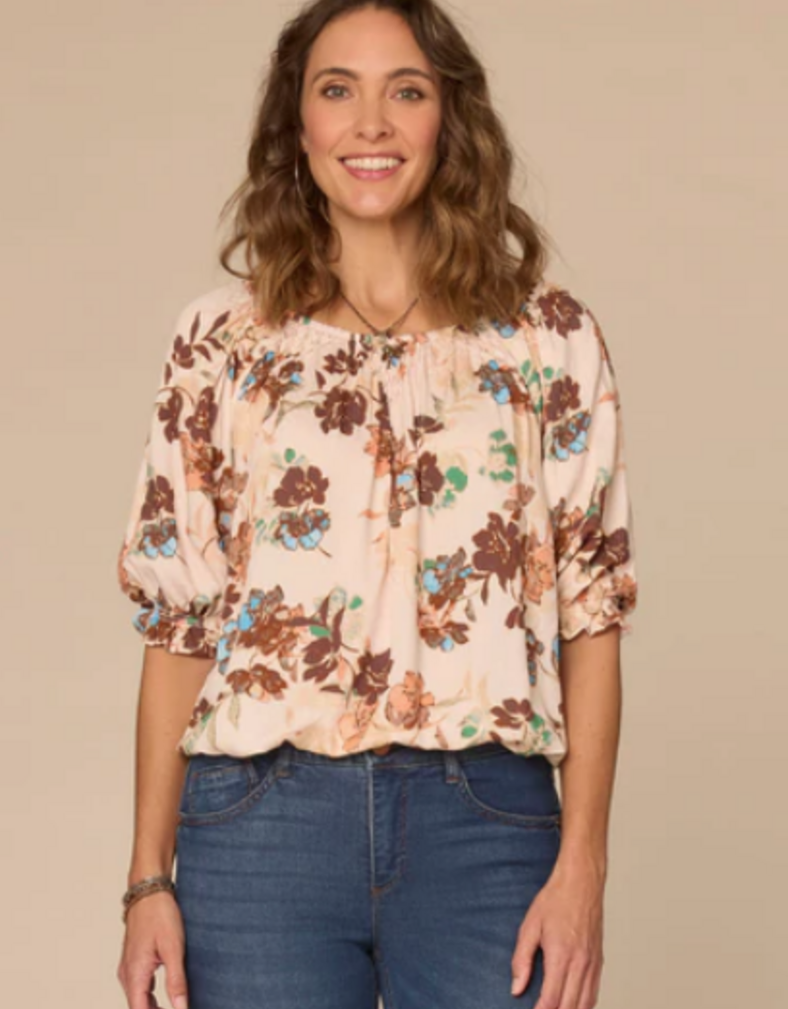 Democracy Democracy Elbow Blouson Sleeve Scoop Neck Bubble Hem Floral Print