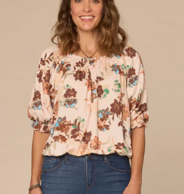 Democracy Democracy Elbow Blouson Sleeve Scoop Neck Bubble Hem Floral Print