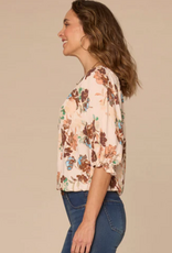 Democracy Democracy Elbow Blouson Sleeve Scoop Neck Bubble Hem Floral Print