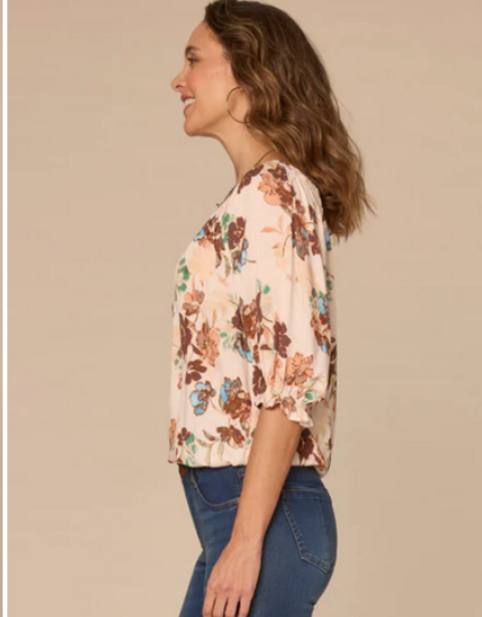 Democracy Democracy Elbow Blouson Sleeve Scoop Neck Bubble Hem Floral Print