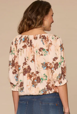 Democracy Democracy Elbow Blouson Sleeve Scoop Neck Bubble Hem Floral Print