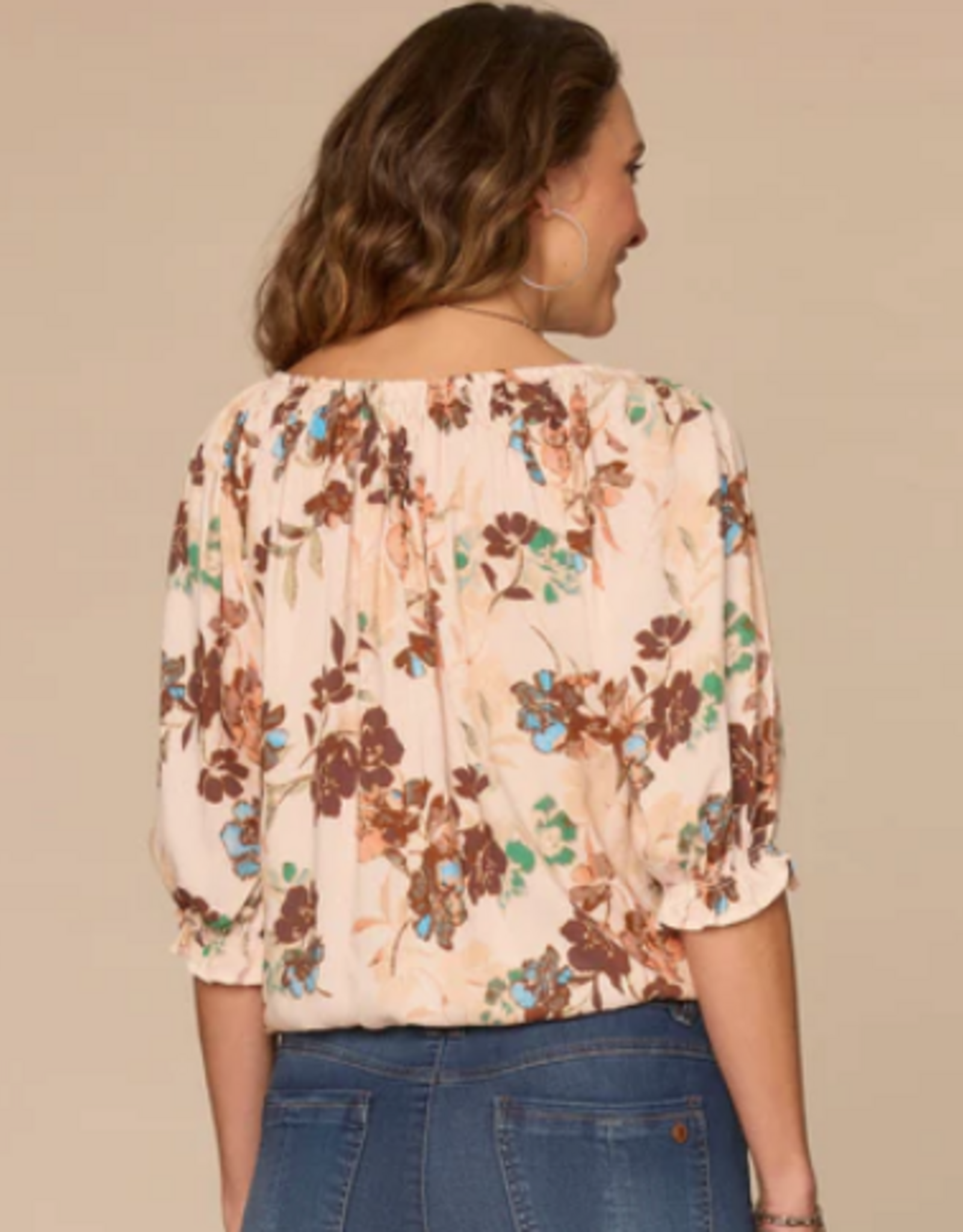 Democracy Democracy Elbow Blouson Sleeve Scoop Neck Bubble Hem Floral Print