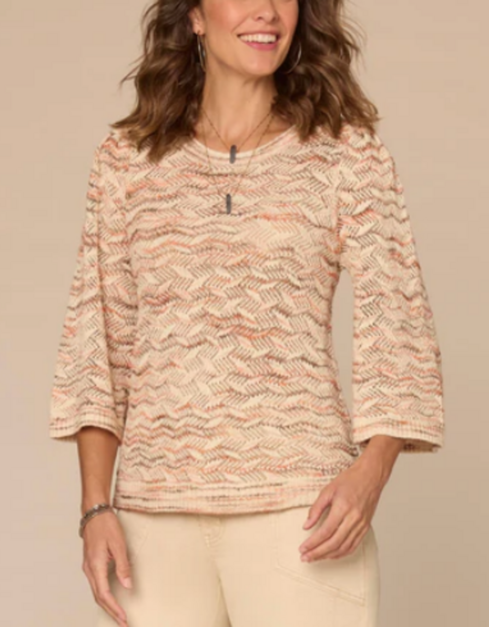 Democracy Democracy Three Quarter Bell Sleeve Round Neck Space Dye Pointelle Sweater