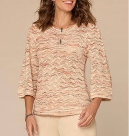Democracy Democracy Three Quarter Bell Sleeve Round Neck Space Dye Pointelle Sweater