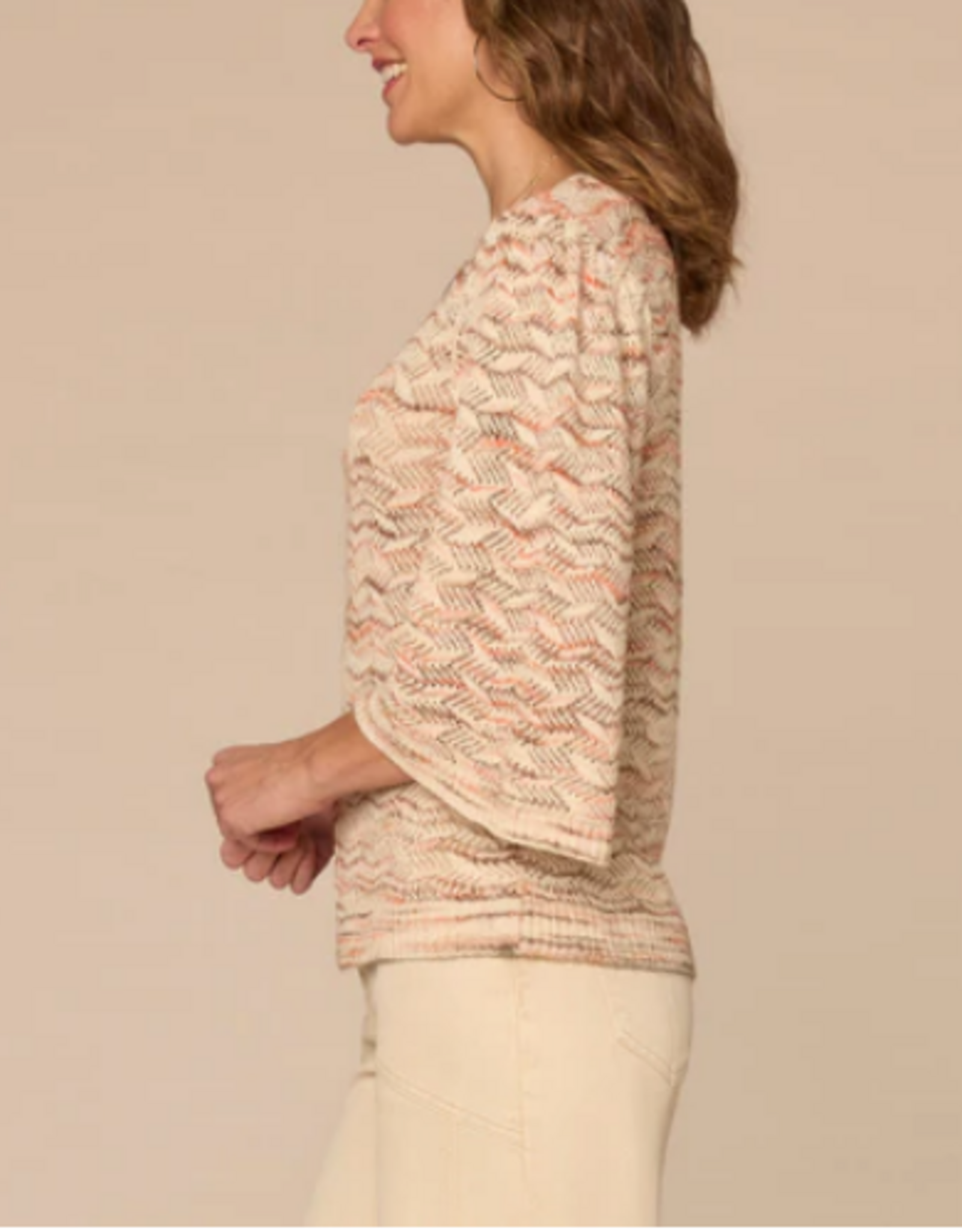 Democracy Democracy Three Quarter Bell Sleeve Round Neck Space Dye Pointelle Sweater