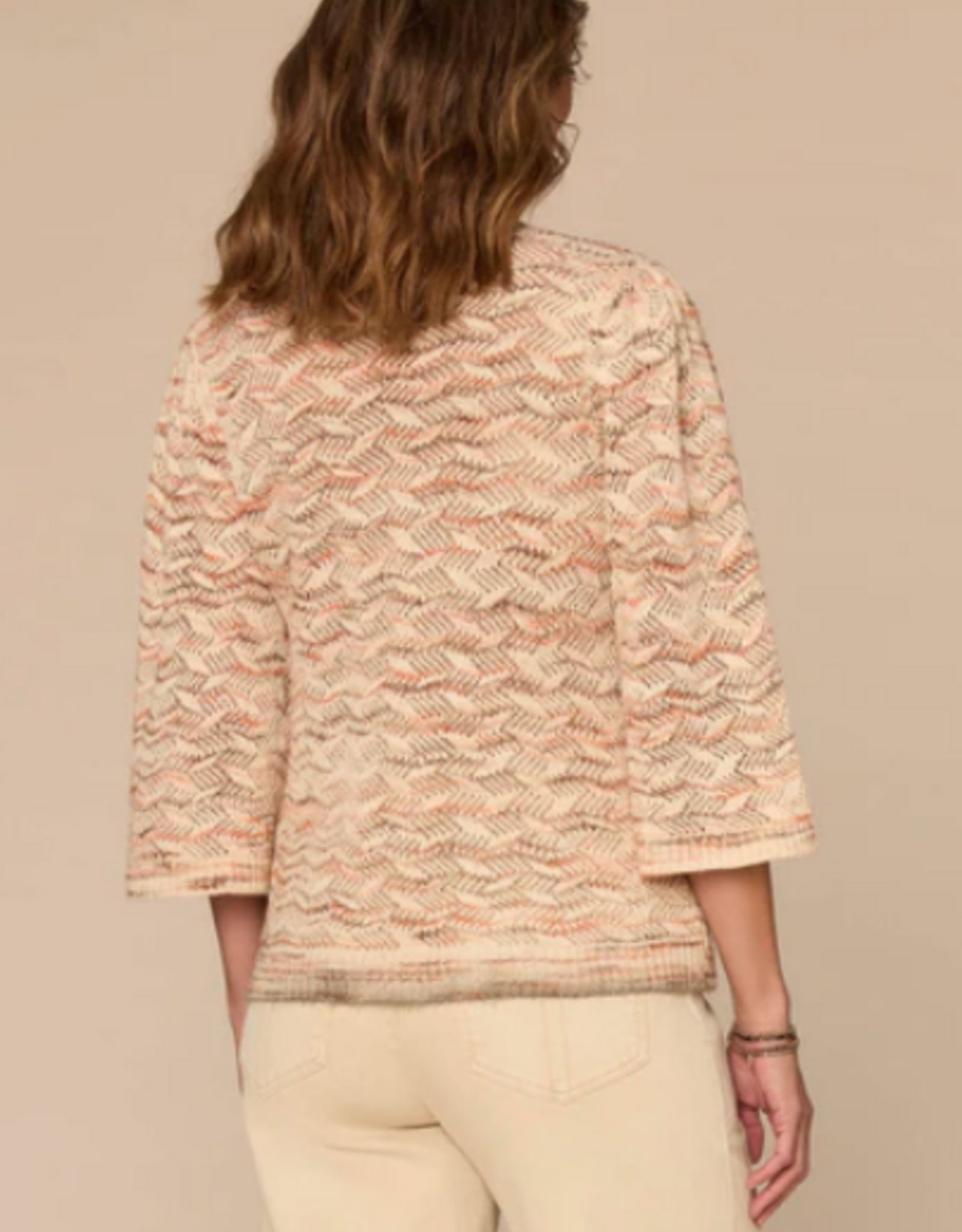 Democracy Democracy Three Quarter Bell Sleeve Round Neck Space Dye Pointelle Sweater