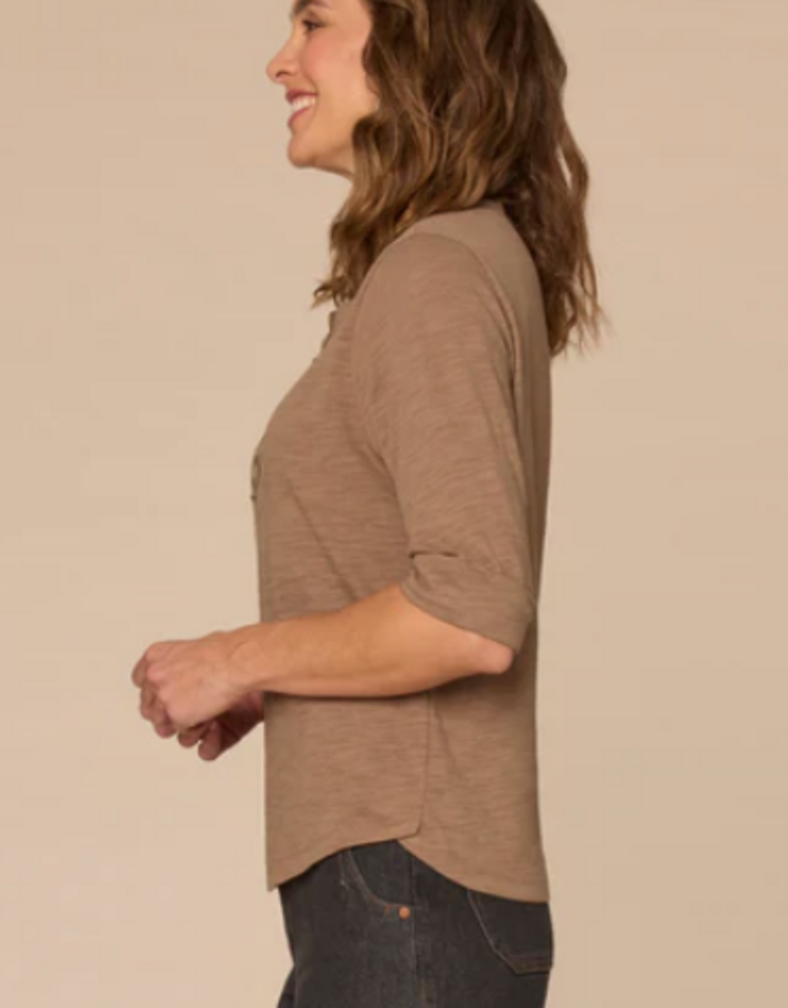 Democracy Democracy Oyster Elbow Roll Cuff Sleeve Scoop Neck Half Crochet Placket