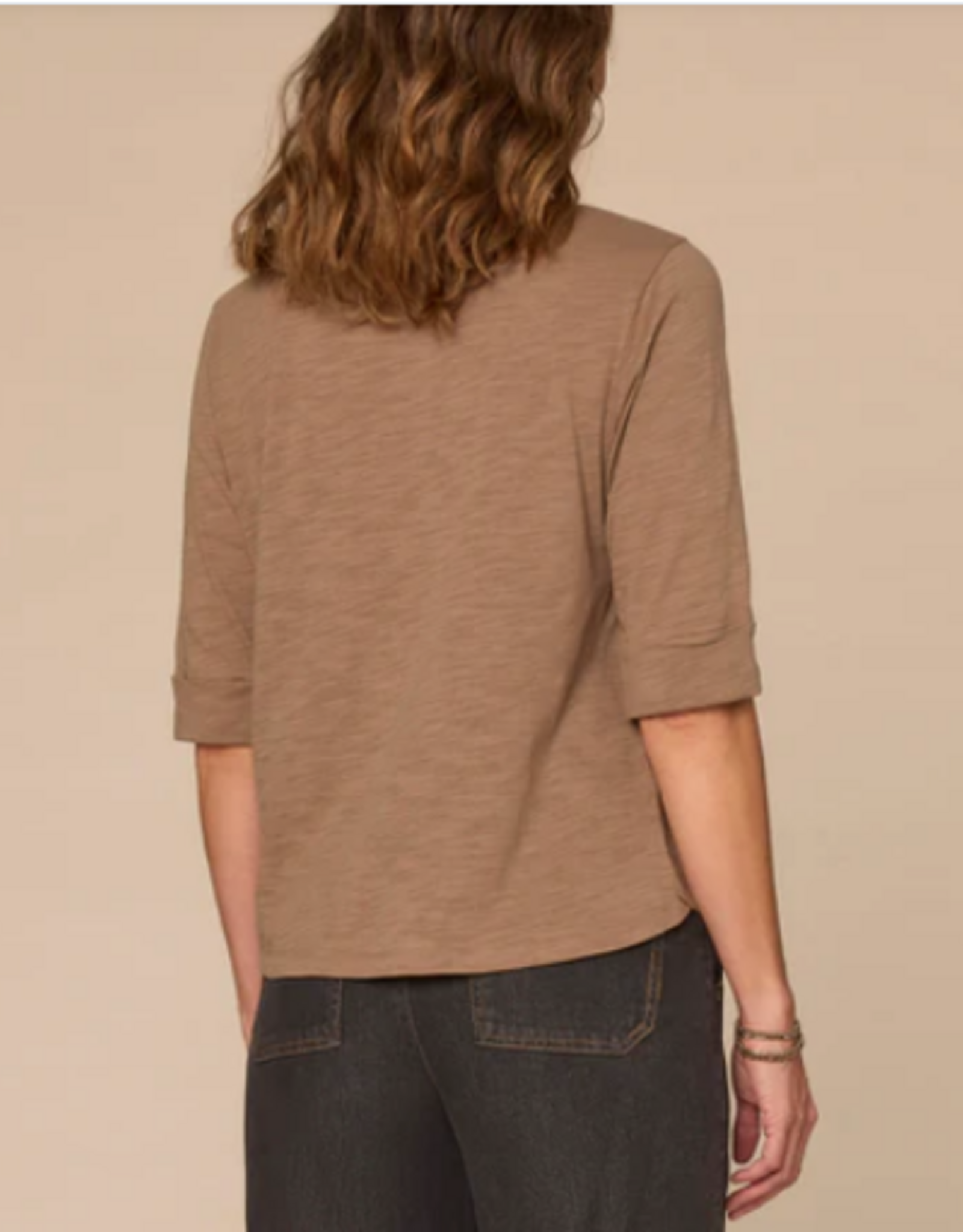 Democracy Democracy Oyster Elbow Roll Cuff Sleeve Scoop Neck Half Crochet Placket