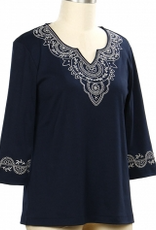 N Touch N Touch Navy V-Neck Embroidered  3/4 Sleeve Top