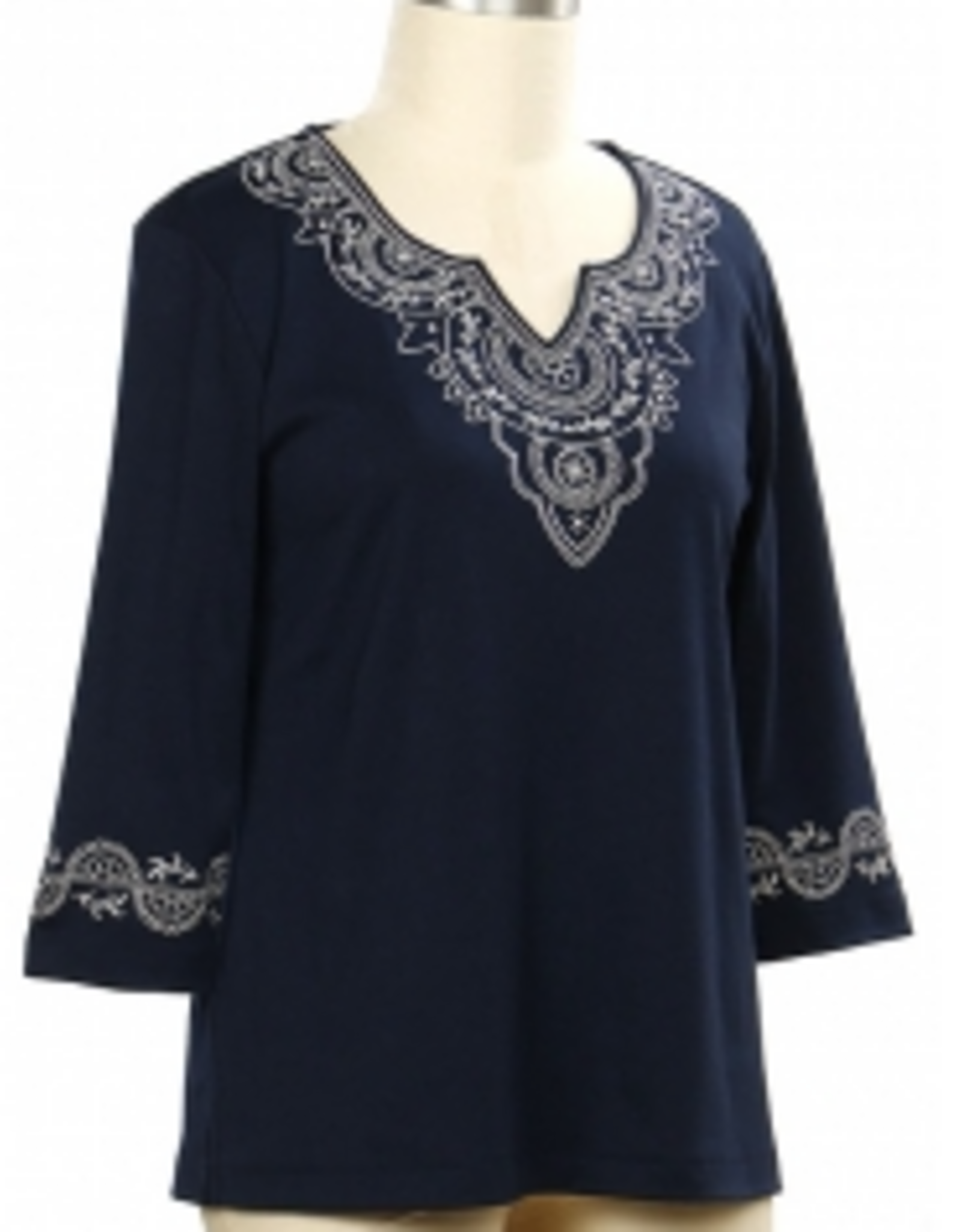 N Touch N Touch Navy V-Neck Embroidered  3/4 Sleeve Top